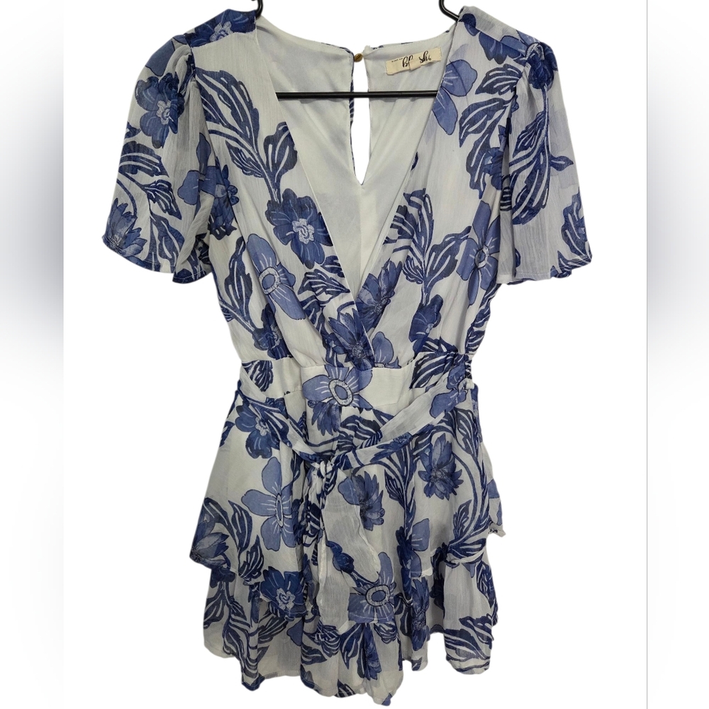 Hint of Blush Blue Floral Wrap Romper